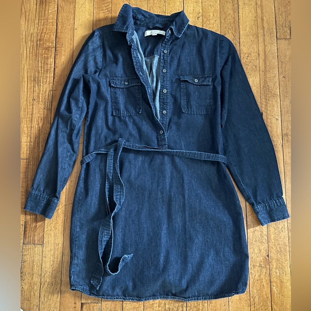 Loft Denim Belted Shirt Dress with Roll Sleeves - Size S